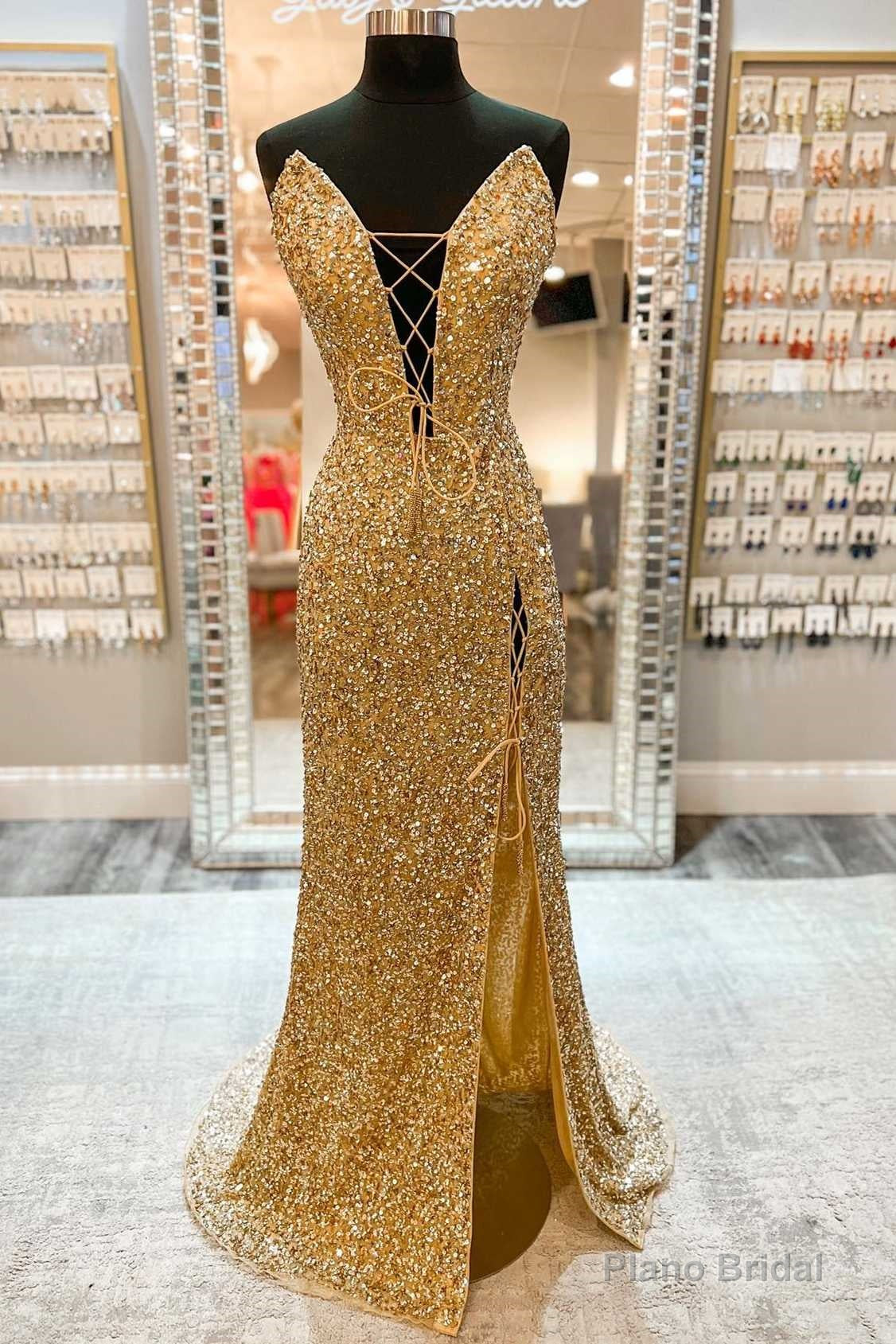 Sexy Gold Sequin Strapless Lace-Up Front Mermaid Long Dress with Slit Main image