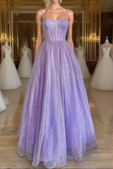 Spaghetti Straps Sparkly Lilac A Line Formal Prom Dresses Sequin Evening Dresses