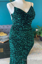 Red Sequin Cowl Neck Lace-Up Back High-Low Formal Prom Dresses