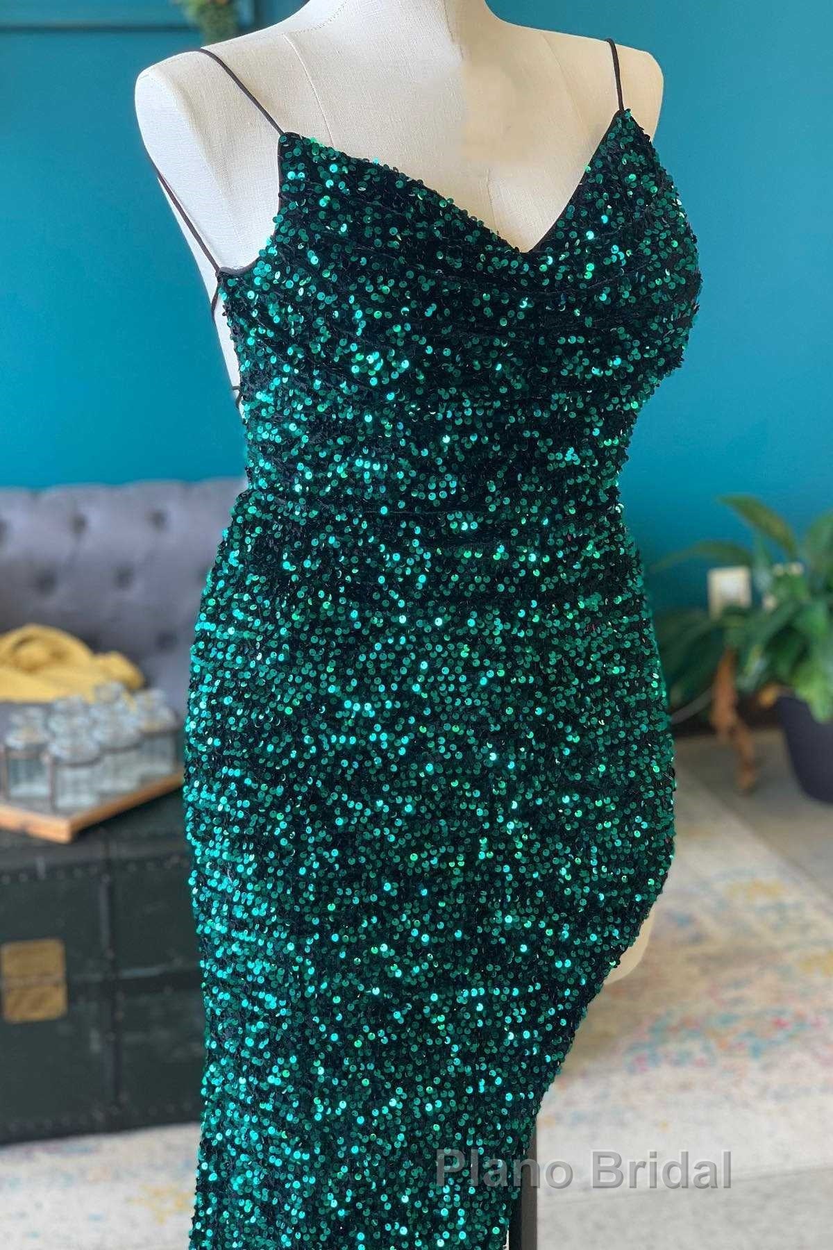 Red Sequin Cowl Neck Lace-Up Back High-Low Formal Prom Dresses