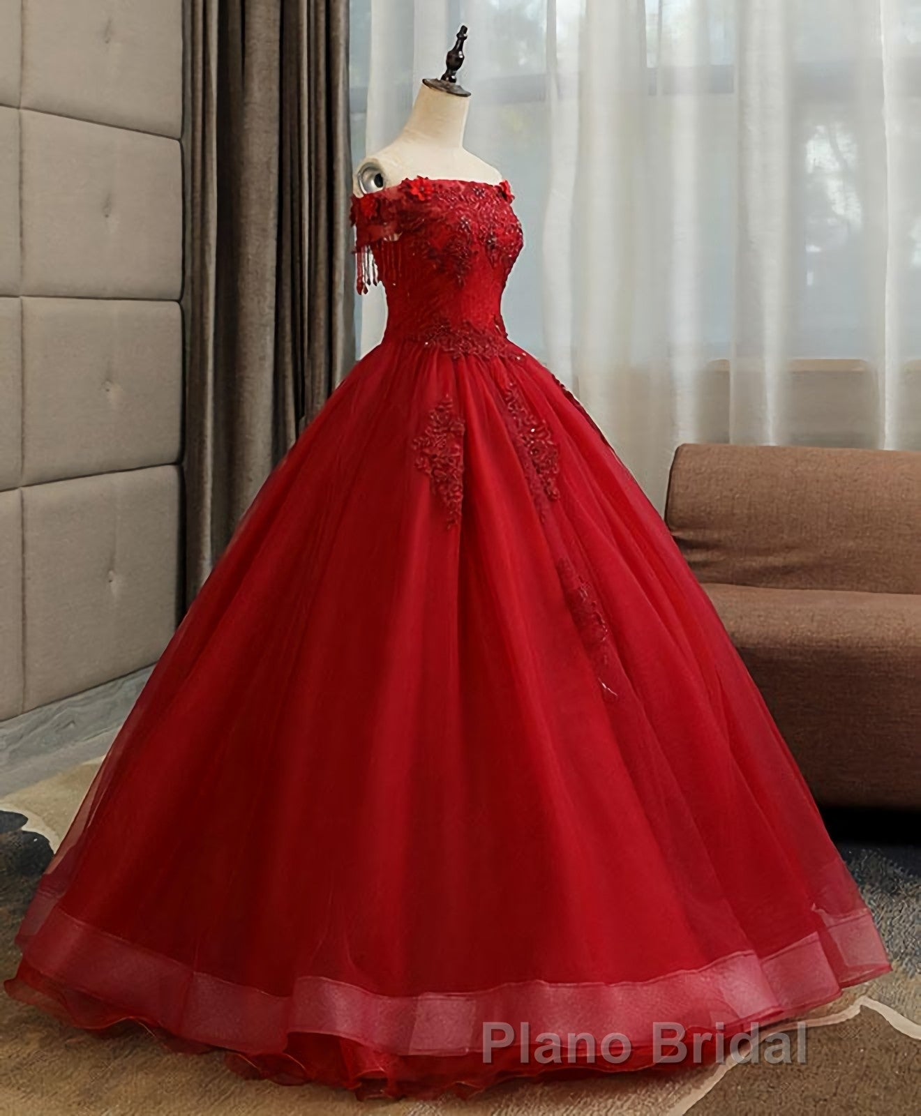 Burgundy Tulle Lace Long Formal Prom Gown Burgundy Tulle Lace Prom Dresses