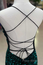 Red Sequin Cowl Neck Lace-Up Back High-Low Formal Prom Dresses