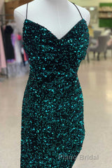 Red Sequin Cowl Neck Lace-Up Back High-Low Formal Prom Dresses