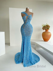 Ocean Blue Sequins One-Shoulder Mermaid Long Formal Prom Dress With Split