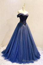 A-Line Tulle Beading Long Formal Prom Dresses, Off the Shoulder Evening Dresses