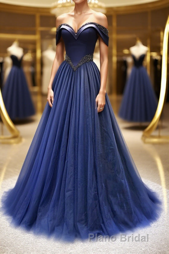 A-Line Tulle Beading Long Formal Prom Dresses, Off the Shoulder Evening Dresses Main image