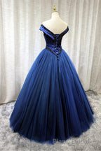 A-Line Tulle Beading Long Formal Prom Dresses, Off the Shoulder Evening Dresses