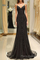 Mermaid Spaghetti Strap Black Beading Long Formal Prom Dresses