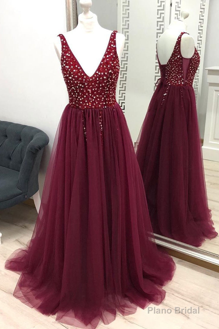 V-Neck Beaded Long Tulle Burgundy Prom Dress Main image