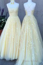 Princess Straps Long Formal Prom Dresses with Lace Appliques