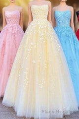 Princess Straps Long Formal Prom Dresses with Lace Appliques