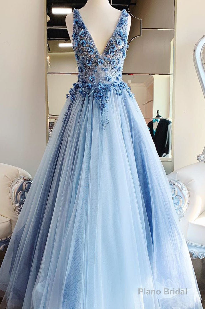 Princess Light Blue Beaded Long Prom Dress with Appliques Main image