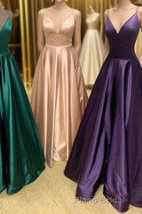 Simple A-Line Straps Satin Long Formal Prom Dresses