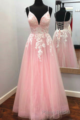 Elegant V Neck Lace-Up Back Pink Long Formal Prom Dresses with Appliques