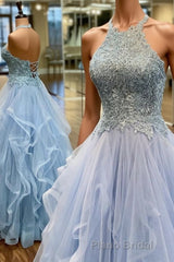 Elegant A-Line Halter Appliques Light Blue Formal Prom Dresses