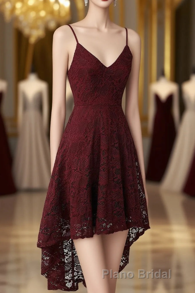 Spaghetti Strap High-Low Burgundy Lace Bridesmaid Dresses Main image