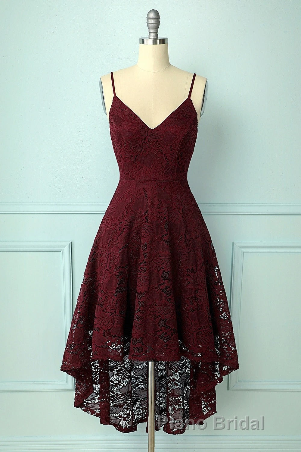 Spaghetti Strap High-Low Burgundy Lace Bridesmaid Dresses Secondary image