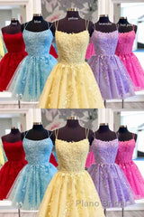 Straps Lace Applique Blue Homecoming Dresses