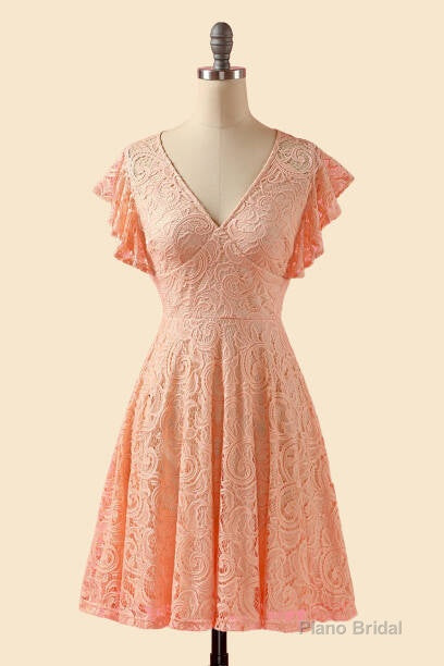 A-Line V-Neck Lace Peach Pink Bridesmaid Dress Main image