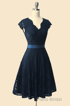 A-Line Cap Sleeve Navy Blue Bridesmaid Dresses with Belt