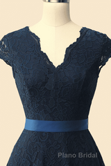 A-Line Cap Sleeve Navy Blue Bridesmaid Dresses with Belt