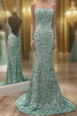 Mint Green Sparkly Chic Long Formal Evening Dresses Mermaid Formal Prom Dresses