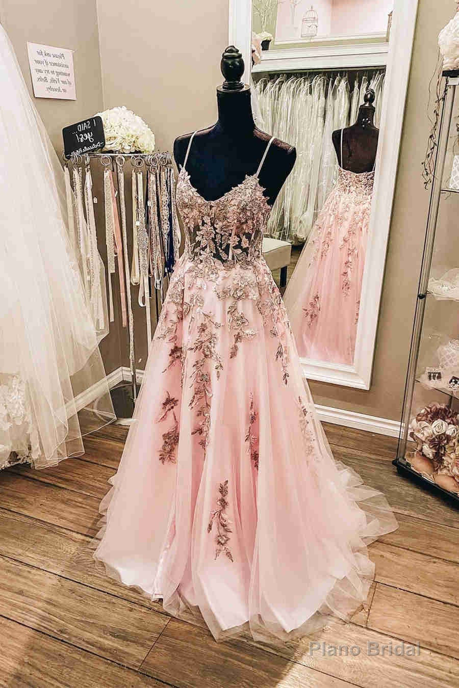 Spaghetti Strapls Pink Long Formal Dress with Appliques Secondary image