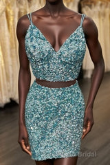Two Piece Blue Sequins Tight Homecoming Dresses