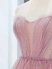 Pink Tulle Tea Length Formal Prom Dresses, Pink Tulle Prom Dresses