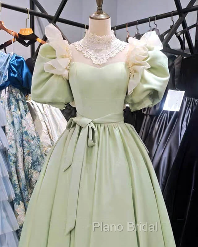 80S Style Puffy Sleeve Lace High Neck Midi Dresses Secondary image