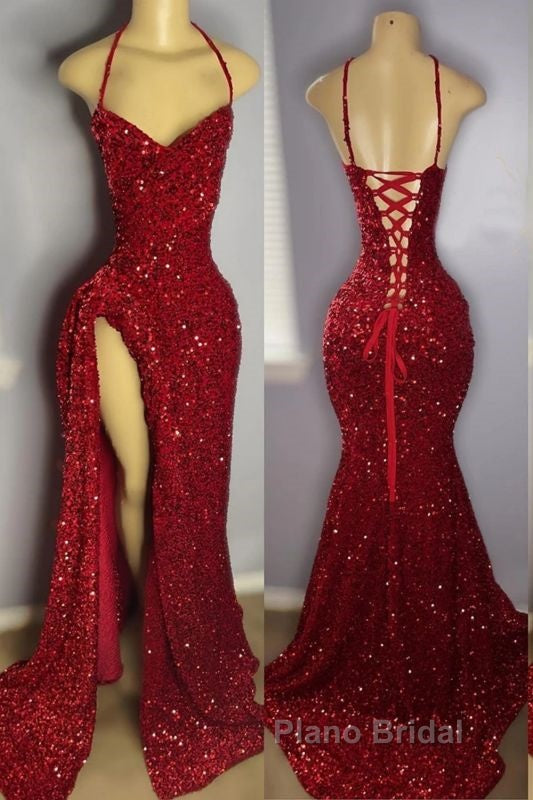 Red Sequins Formal Prom Dresses with Slit Shiny Floor-Length Party Dresses Secondary image