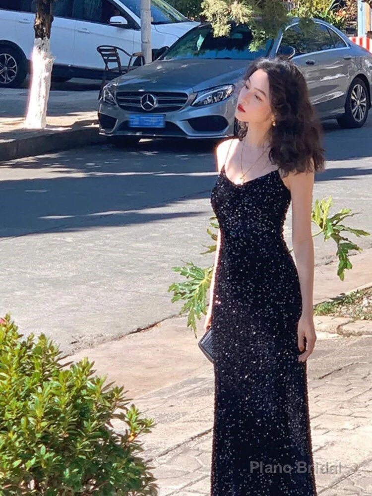 Black Women Sexy Sequin Strap Dresses Spring Summer Elegant Vintage Party Club Dress Fashion One Piece Clothes Main image