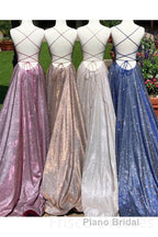 A-Line Sparkle Split Backless Evening Dresses  Long Formal Prom Dresses With Pocket