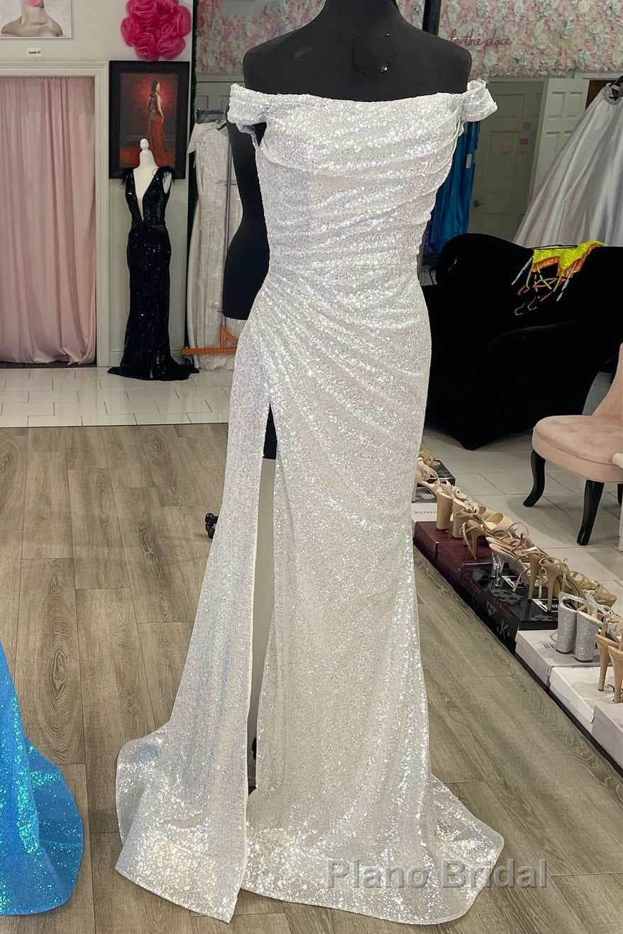 Blue Sequin Off-the-Shoulder Mermaid Long Formal Prom Dresses with Slit Secondary image