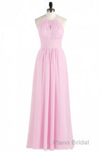 Pink Chiffon Halter Sleeveless A-Line Long Bridesmaid Dresses