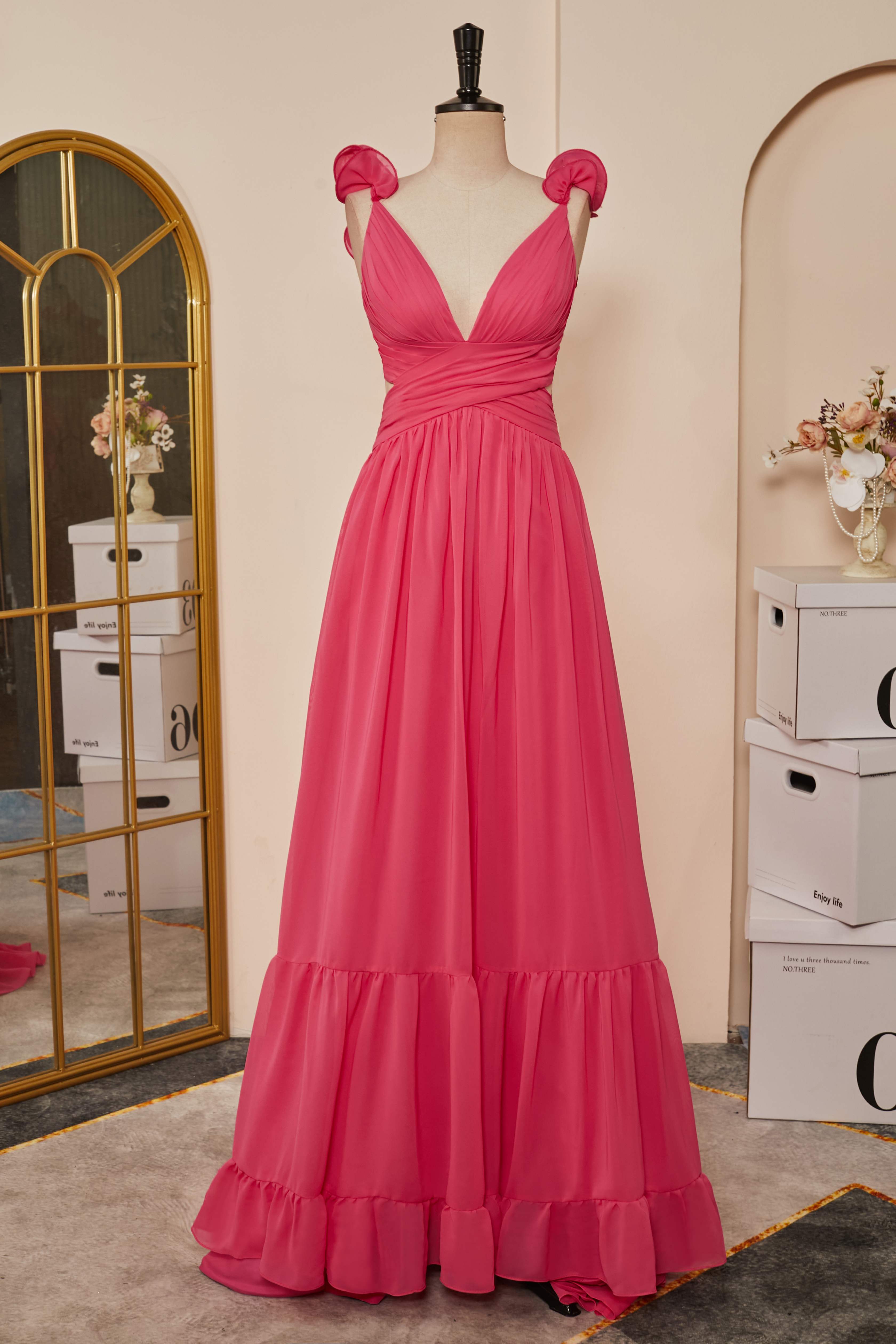 Rose Pink Ruffle Shoulder Plunging V Neck A-line Lace-Up Long Prom Dress