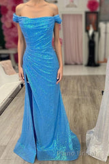 Blue Sequin Off-the-Shoulder Mermaid Long Formal Prom Dresses with Slit