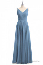 Simple Dusty Blue V-Neck Backless A-Line Long Bridesmaid Dress