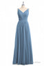 Simple Dusty Blue V-Neck Backless A-Line Long Bridesmaid Dress