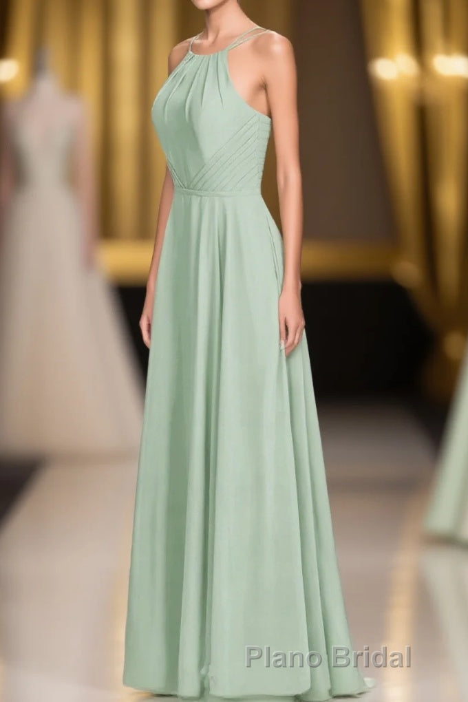 Sage Green Chiffon Halter A-Line Long Bridesmaid Dresses Main image