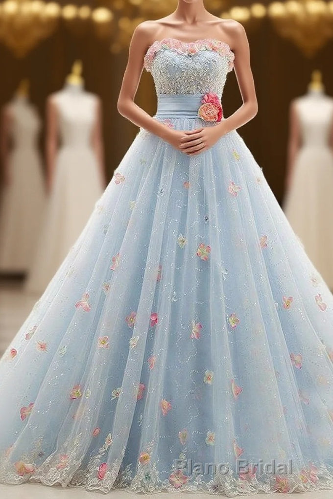 Charming Light Blue Tulle Sweetheart Ball Gown Court Train Wedding Dresses Main image
