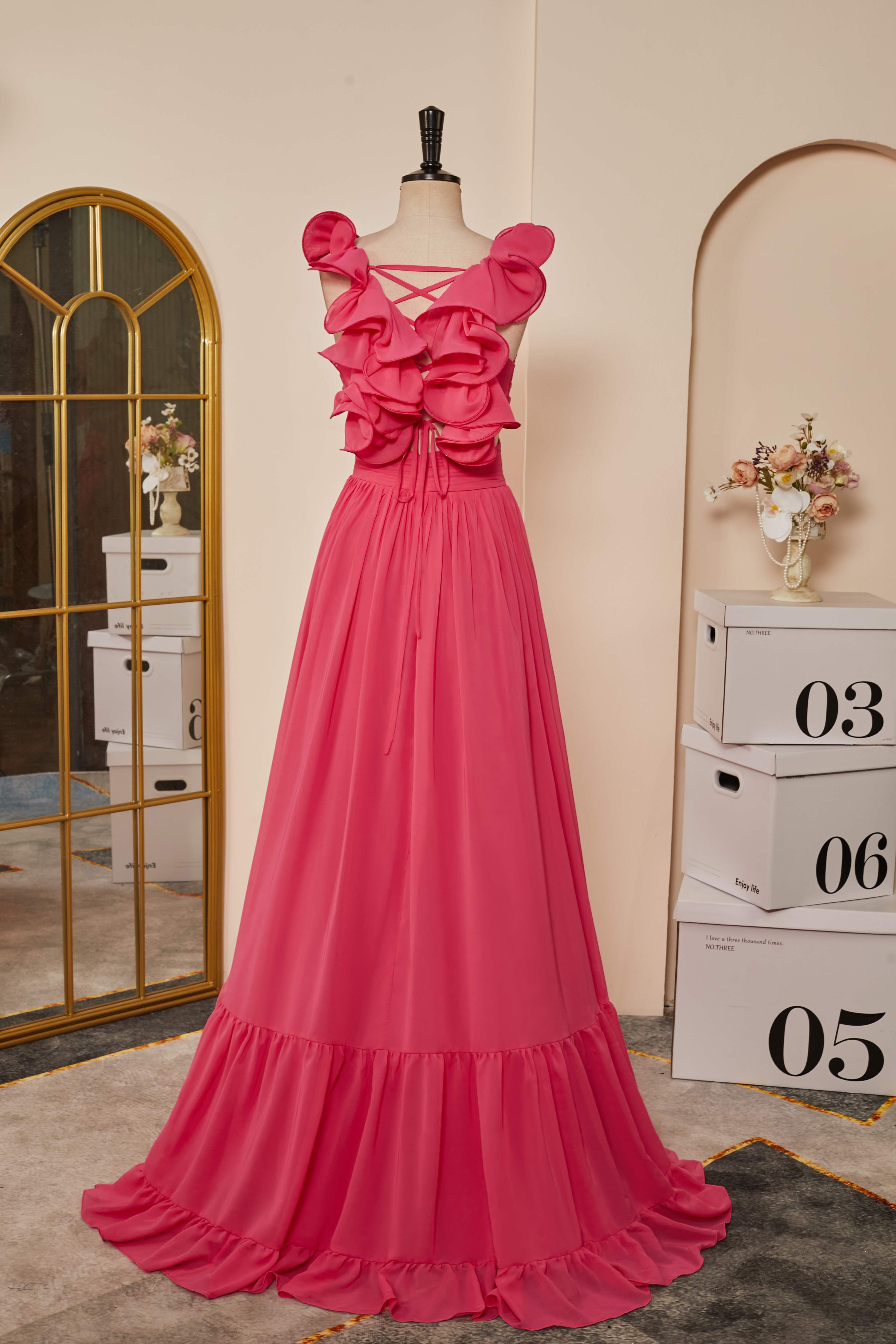 Rose Pink Ruffle Shoulder Plunging V Neck A-line Lace-Up Long Prom Dress Secondary image