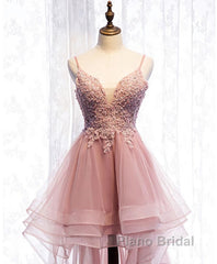 Pink Tulle Lace High Low Formal Prom Dress, Pink Homecoming Dress, 1