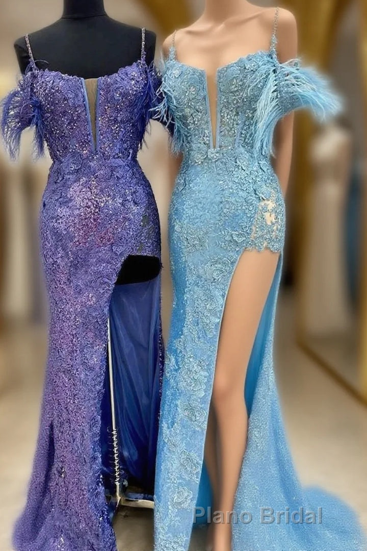 Sequin Feather Cold-Shoulder Mermaid Long Formal Prom Dresses with Slit Main image