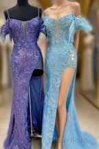 Sequin Feather Cold-Shoulder Mermaid Long Formal Prom Dresses with Slit