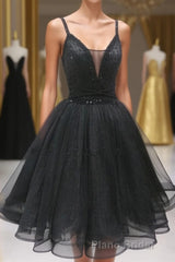 Black Tulle Beads Short Formal Prom Dresses, Black Homecoming Dresses