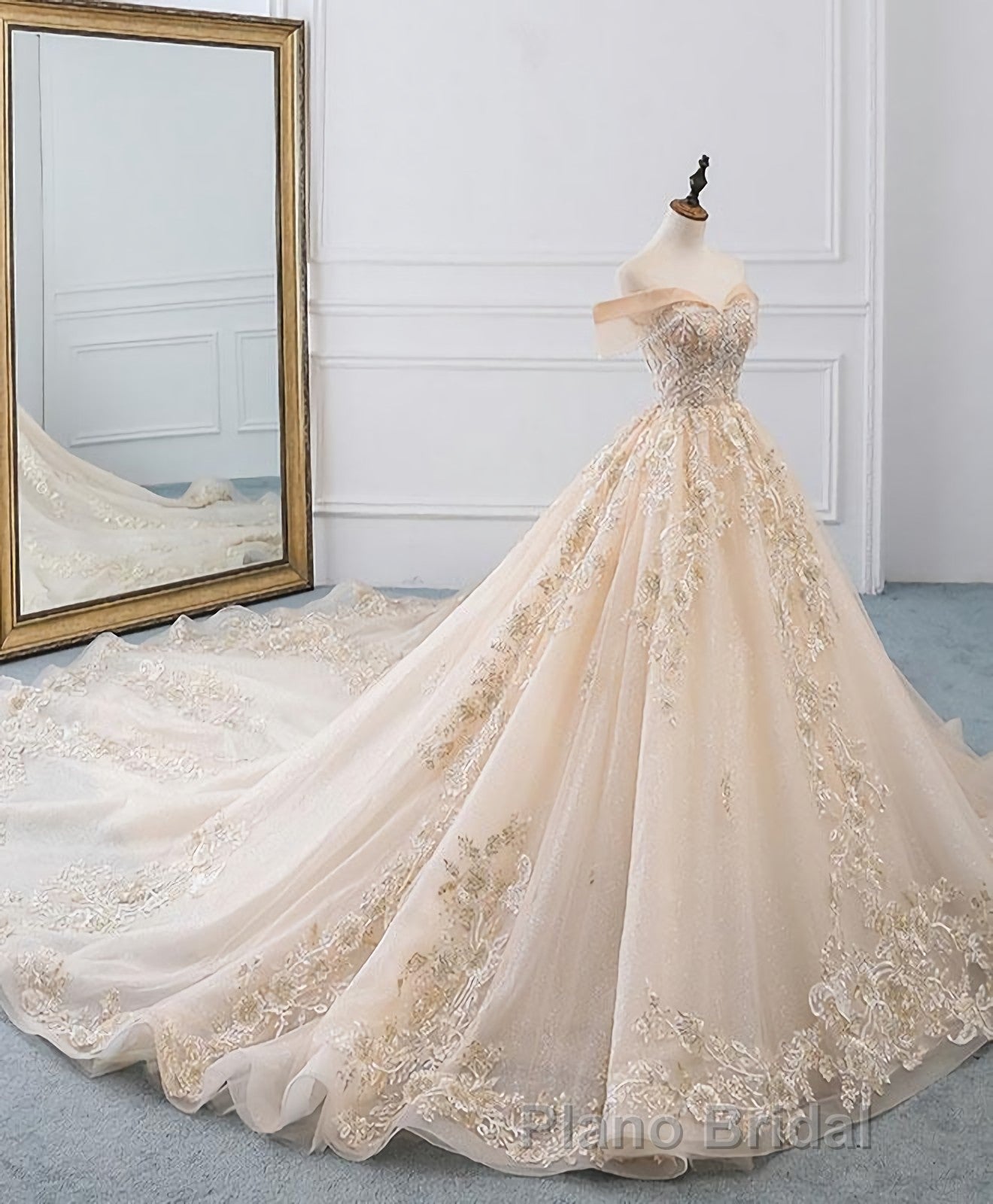 Champagne Off Shoulder Tulle Lace Long Wedding Dresses, Wedding Gown
