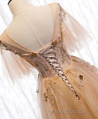 Champagne Round Neck Tulle Lace Long Formal Prom Dresses, Prom Dresses