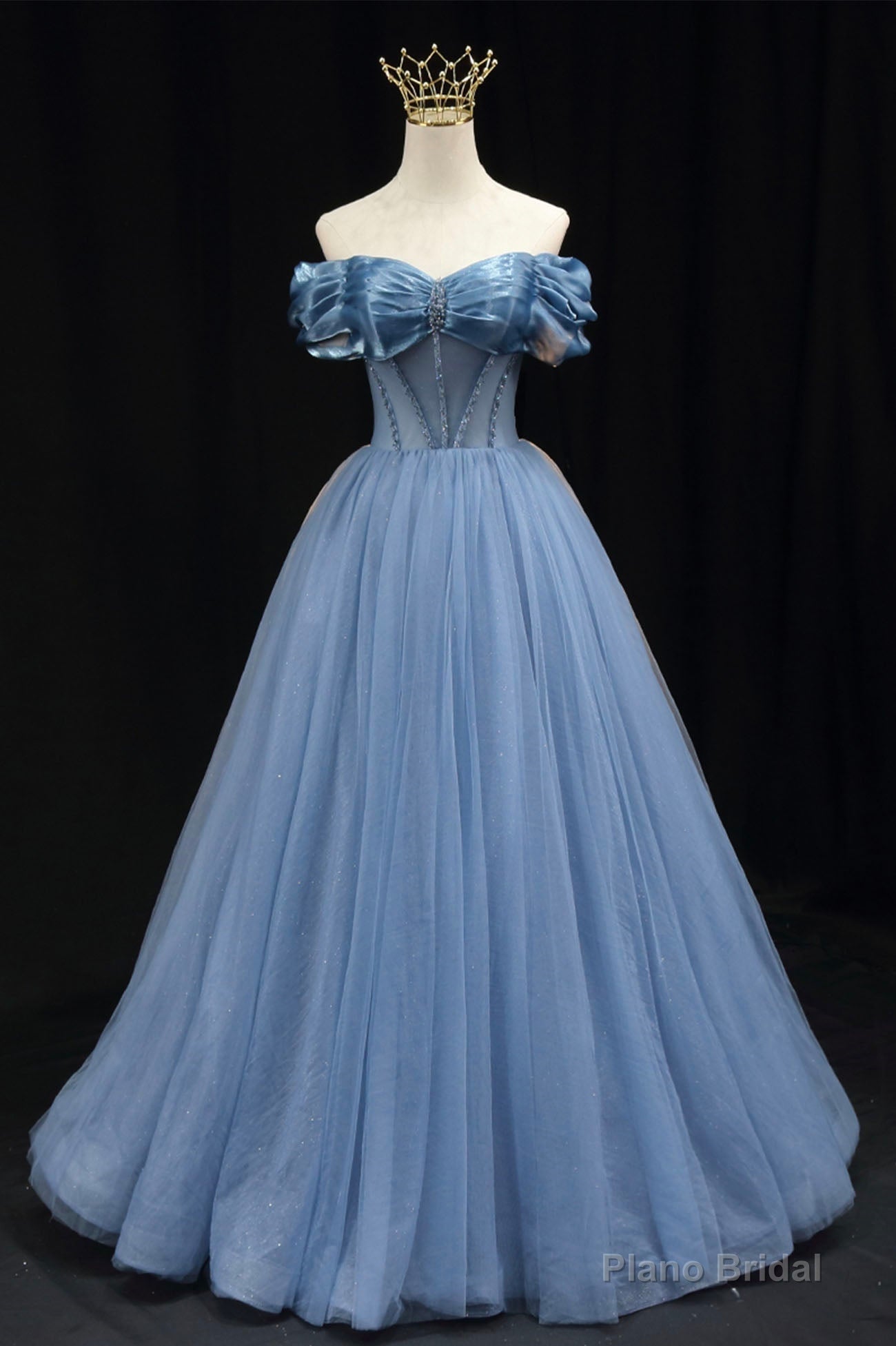 Blue Tulle Beaded Long Prom Dress, Elegant A-Line Blue Evening Dress