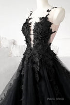 Black Tulle Lace Long Prom Dress, Black Formal Graduation Dress